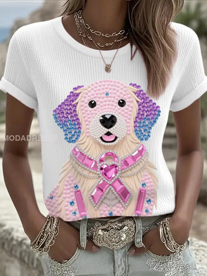 Kvinnors rosa Rhinestone Hund Pink Ribbon Print Bröstcancer medvetenhet Support Tee vitt / S