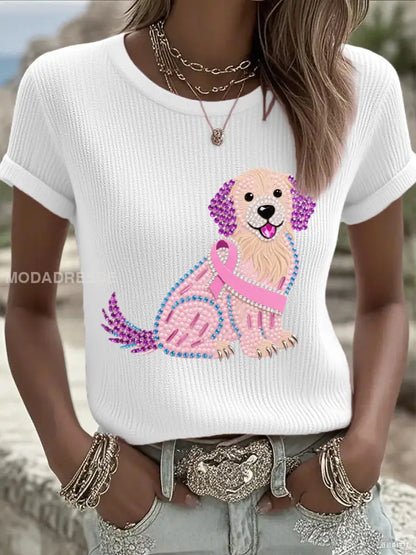 Kvinnors rosa Rhinestone Hund Pink Ribbon Print Bröstcancer medvetenhet Support Tee vitt / S
