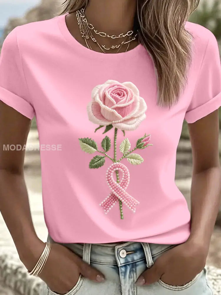 Kvinnors rosa Rose Beaded Broderad T shirt runk / S