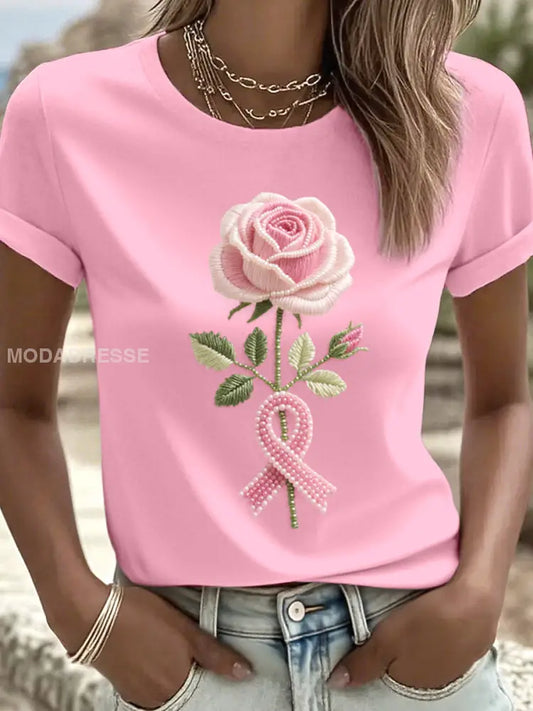Kvinnors rosa Rose Beaded Broderad T shirt runk / S
