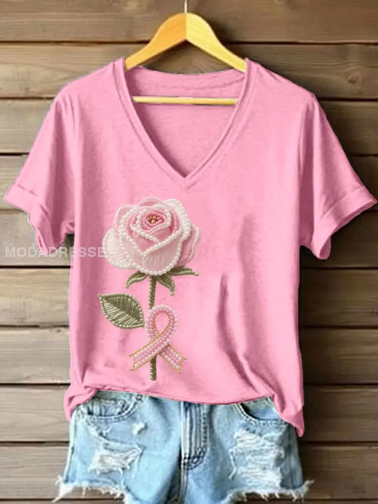 Kvinnors rosa Rose Beaded broderad V hals T shirt runk / S