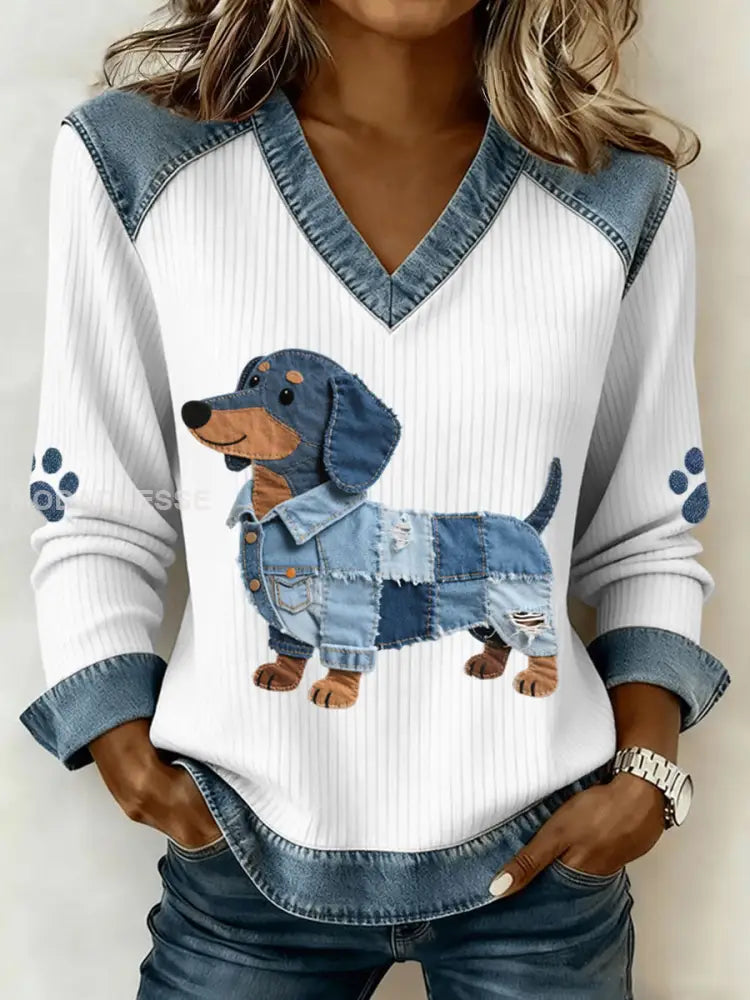 Kvinnors söta blåhund mönster Denim Patchwork Art V-hals topp vitt / S