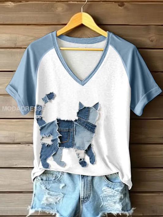 Kvinnors söta Cat Patchwork konst V-Hack T-shirt som bild / S