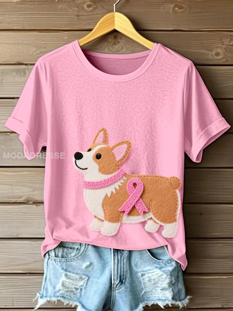 Kvinnors söta Corgi mönster filt konst T shirt runt / S