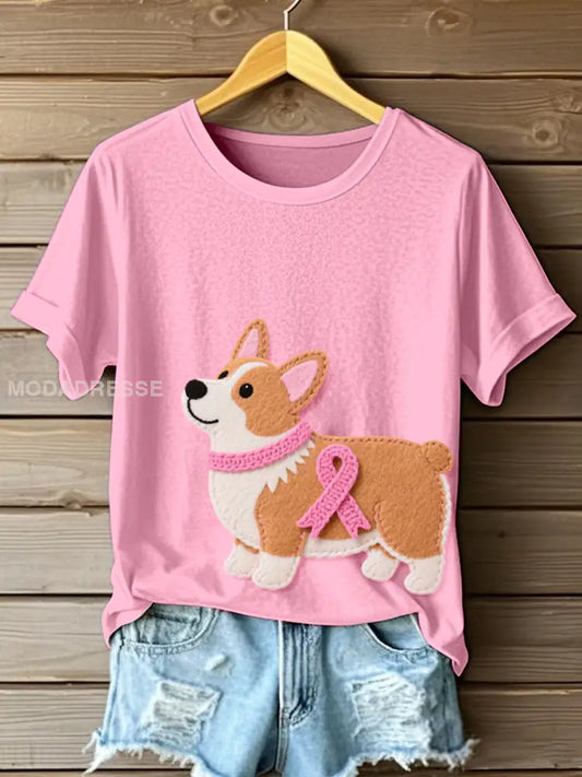 Kvinnors söta Corgi mönster filt konst T shirt runt / S