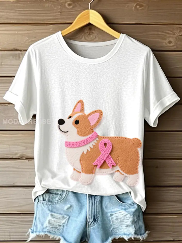 Kvinnors söta Corgi mönster filt konst T shirt vitt / S