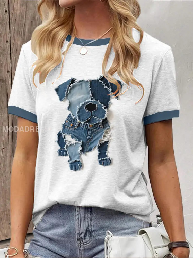 Kvinnors söta hund Denim Patchwork Art T-shirt vitt / S