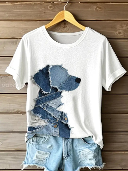Kvinnors söta hund Denim Patchwork Art T-shirt vitt / S