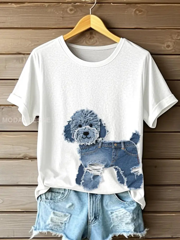 Kvinnors söta hund Denim Patchwork Art T-shirt vitt / S