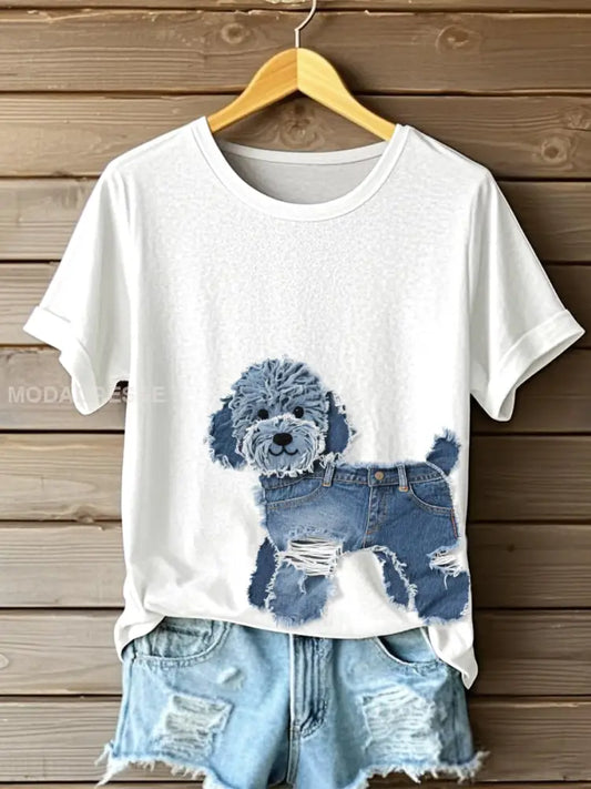 Kvinnors söta hund Denim Patchwork Art T-shirt vitt / S