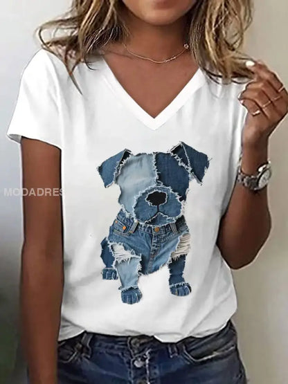 Kvinnors söta hund mönster mönster konst V-hals T-shirt vit / S