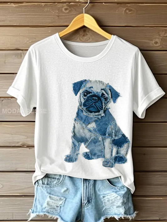 Kvinnors söta hund Patchwork konst kort ärm T-shirt vitt / S