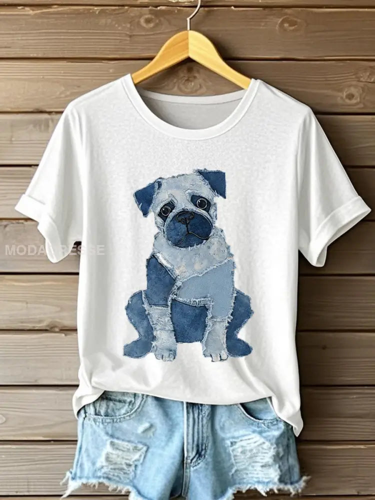 Kvinnors söta hund Patchwork konst kort ärm T-shirt vitt / S