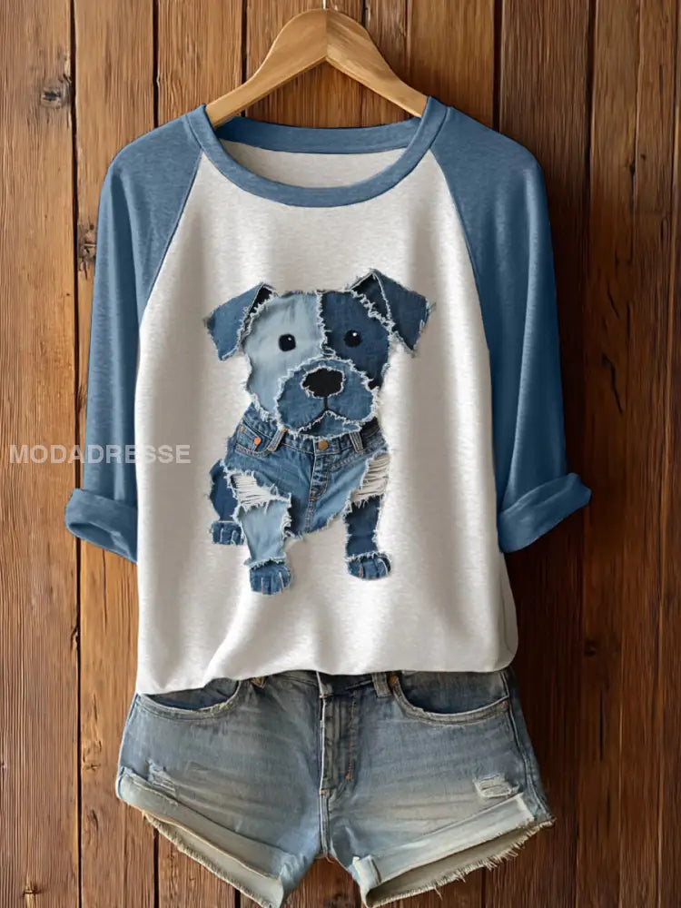 Kvinnors söta hund Patchwork konst lång ärm T-shirt blå / S