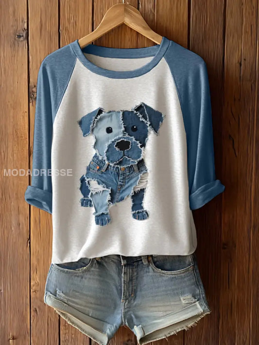 Kvinnors söta hund Patchwork konst lång ärm T-shirt blå / S