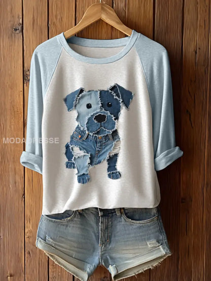 Kvinnors söta hund Patchwork konst lång ärm T-shirt ljusblå färg / S
