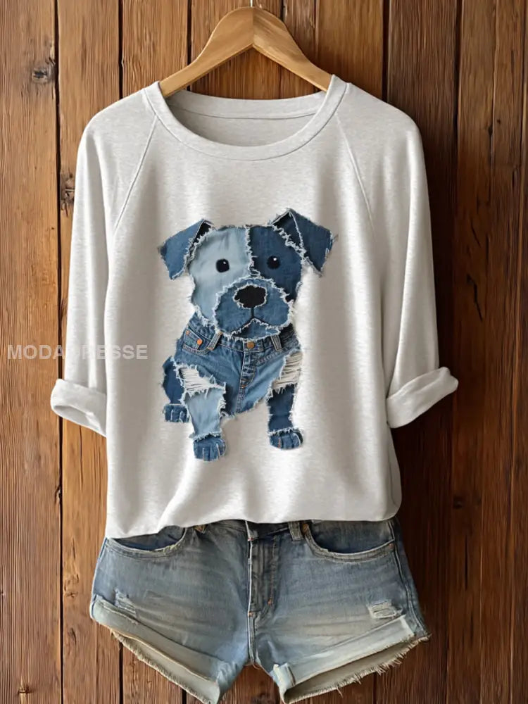 Kvinnors söta hund Patchwork konst lång ärm T-shirt vit / S