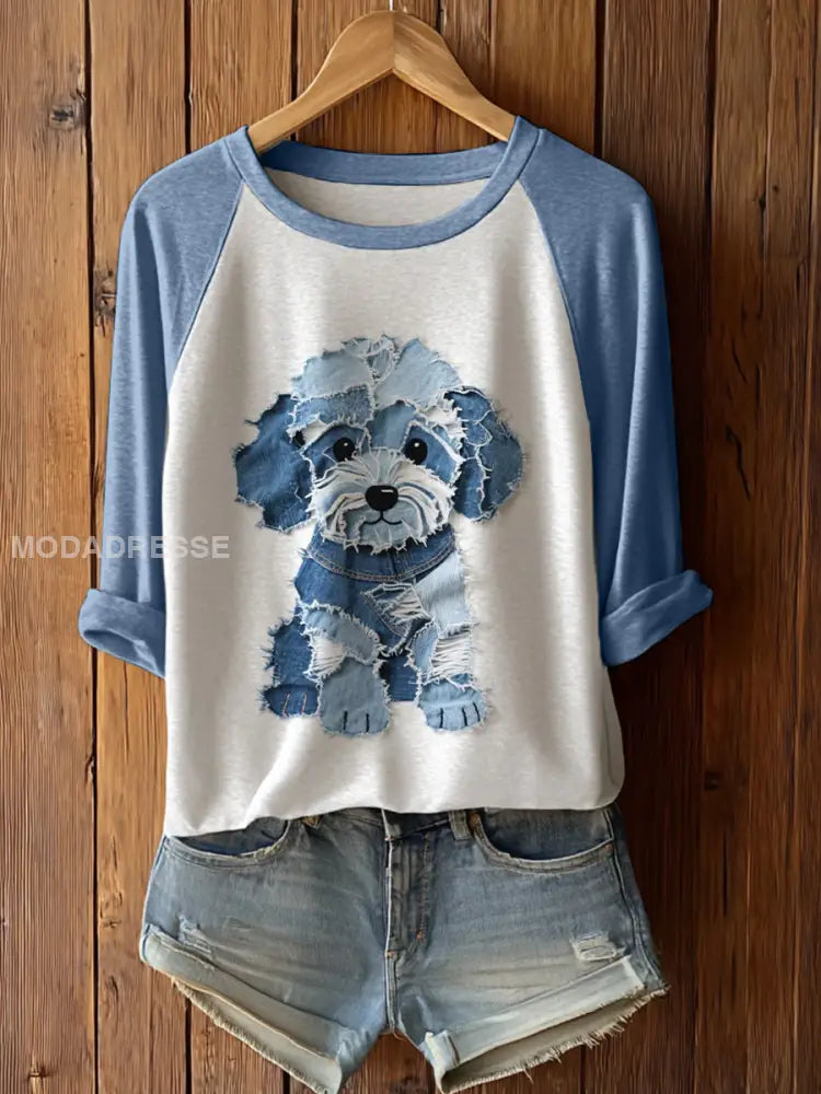 Kvinnors söta hund patchwork konst lång ärm T-shirta ljusblå / S