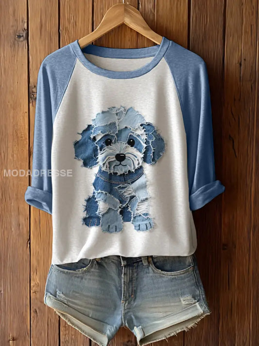 Kvinnors söta hund patchwork konst lång ärm T-shirta ljusblå / S