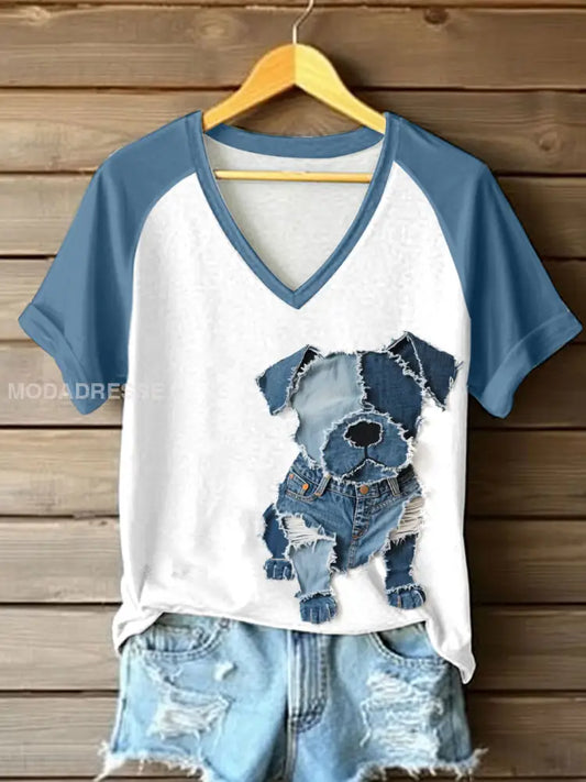 Kvinnors söta hund patchwork konst V-hals T-shirt som bild / S