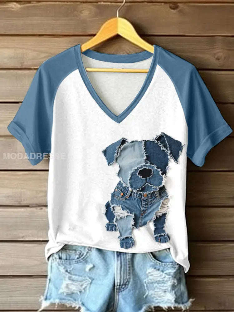 Kvinnors söta hund patchwork konst V-hals T-shirt som bild / S