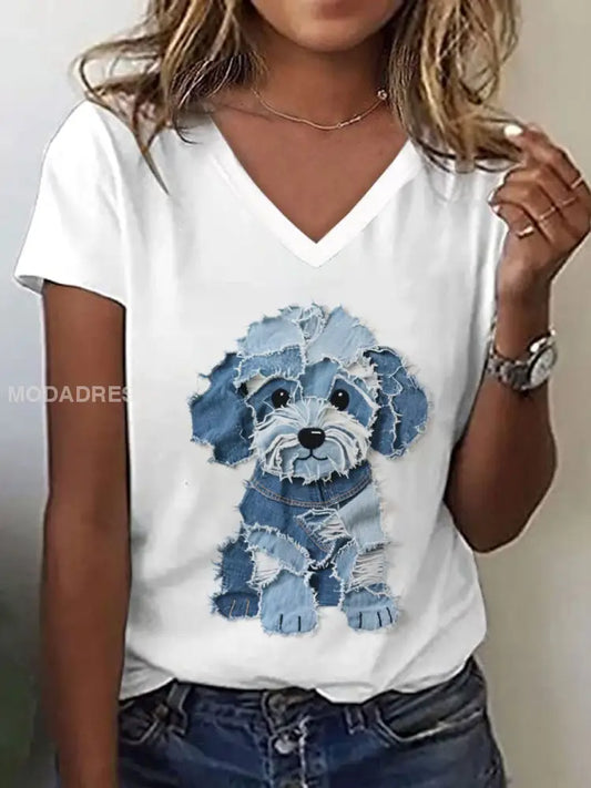 Kvinnors söta hund patchwork konst V-hals T-shirt vitt / S