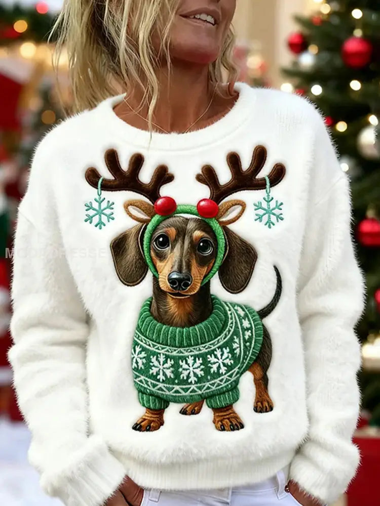 Kvinnors söta jul Dachhund Mönster Flannel Hoodie Flannel