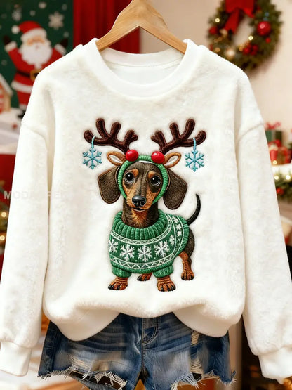 Kvinnors söta jul Dachhund Mönster Flannel Hoodie Flannel vitt / S