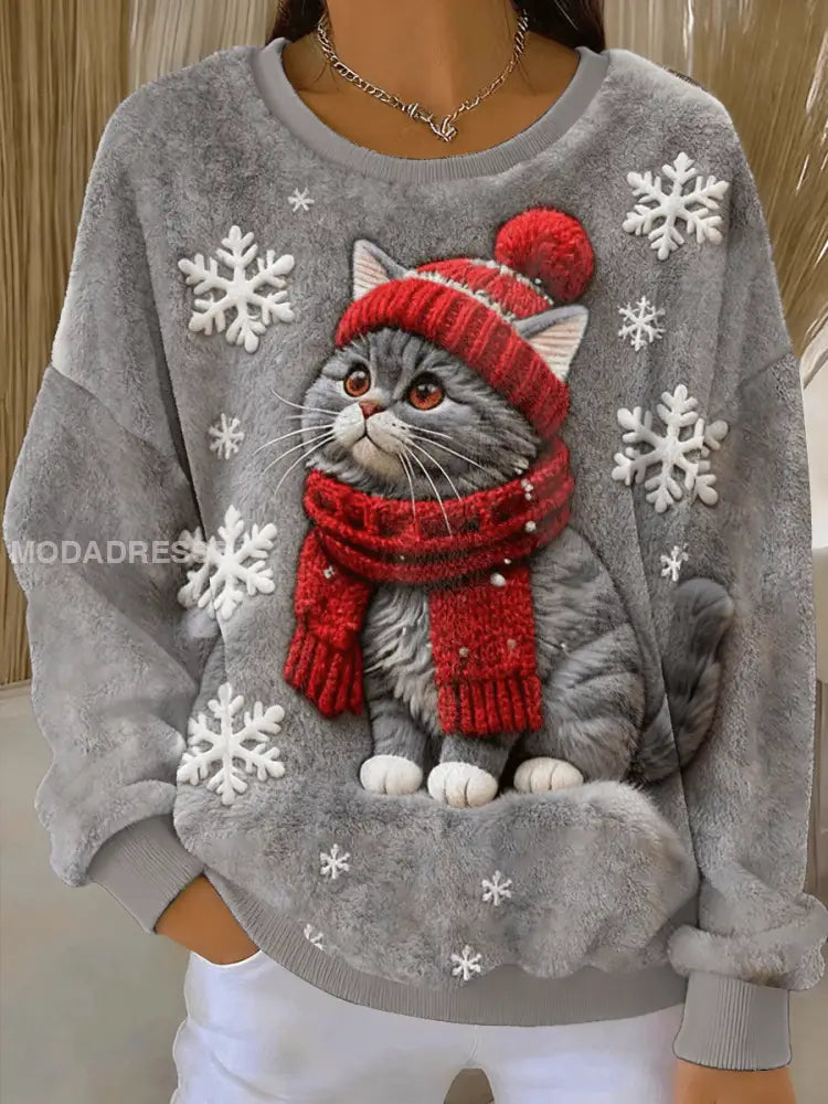 Kvinnors söta jul katt konst Skriv ut Casual Flannel Hoodie Flannel grå / S
