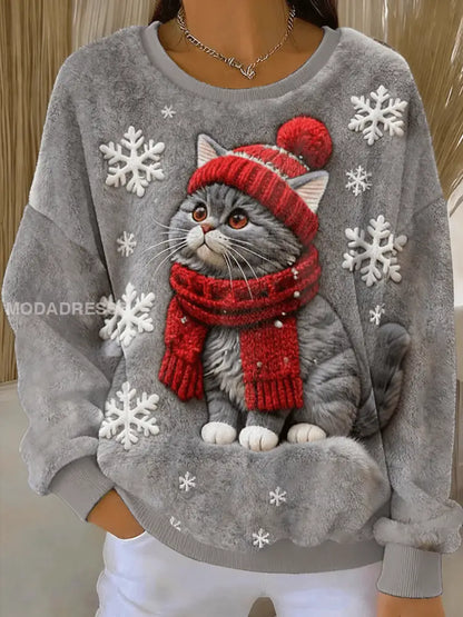 Kvinnors söta jul katt konst Skriv ut Casual Flannel Hoodie Flannel grå / S