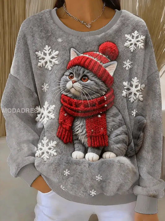 Kvinnors söta jul katt konst Skriv ut Casual Flannel Hoodie Flannel grå / S