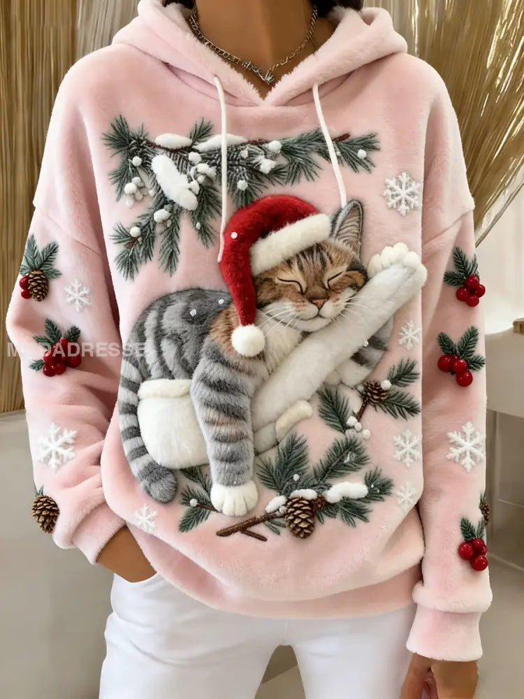 Kvinnors söta jul katt konst Skriv ut Casual Flannel Hoodie Flannel ljus rosa / S