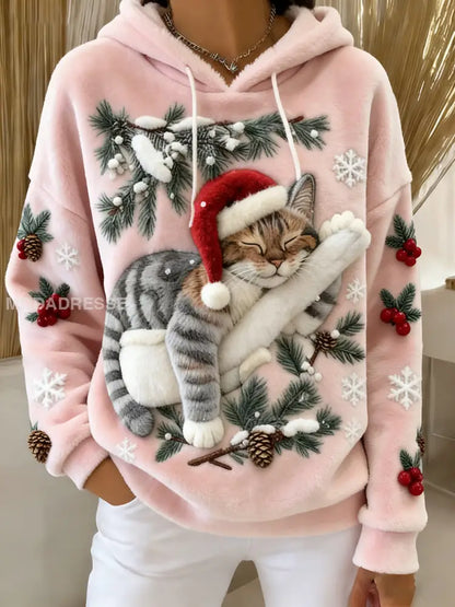 Kvinnors söta jul katt konst Skriv ut Casual Flannel Hoodie Flannel ljus rosa / S