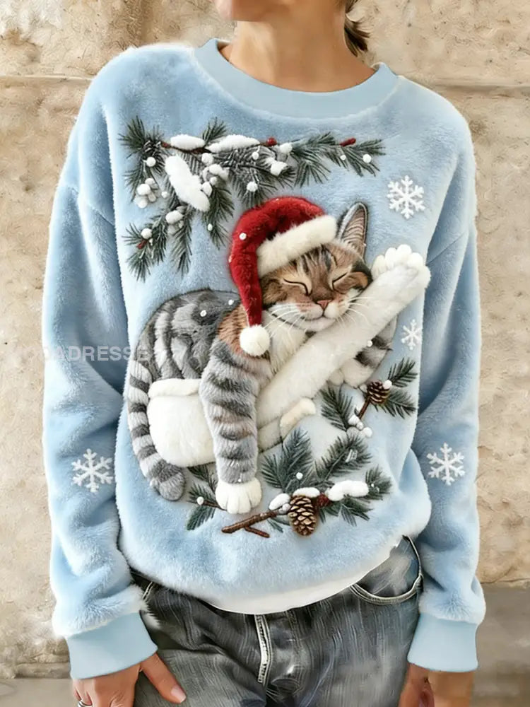 Kvinnors söta jul katt konst Skriv ut Casual Flannel Hoodie Flannel ljusblå / S