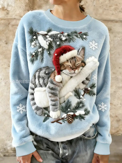 Kvinnors söta jul katt konst Skriv ut Casual Flannel Hoodie Flannel ljusblå / S