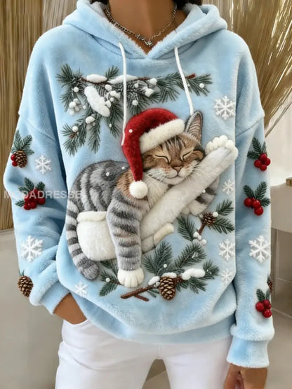 Kvinnors söta jul katt konst Skriv ut Casual Flannel Hoodie Flannel ljusblåa / S