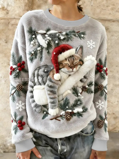 Kvinnors söta jul katt konst Skriv ut Casual Flannel Hoodie Flannel ljusgrå / S