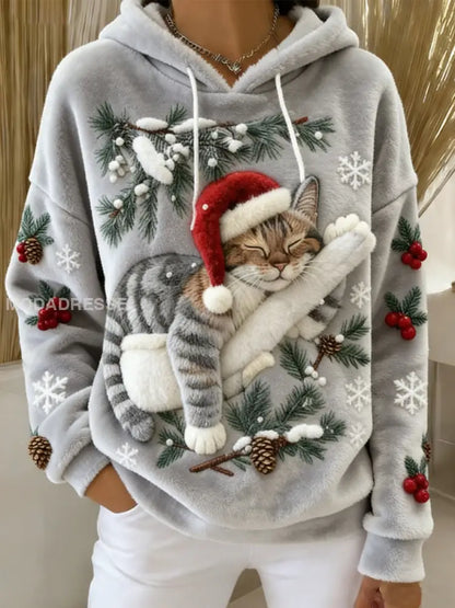 Kvinnors söta jul katt konst Skriv ut Casual Flannel Hoodie Flannel ljusgrå / S
