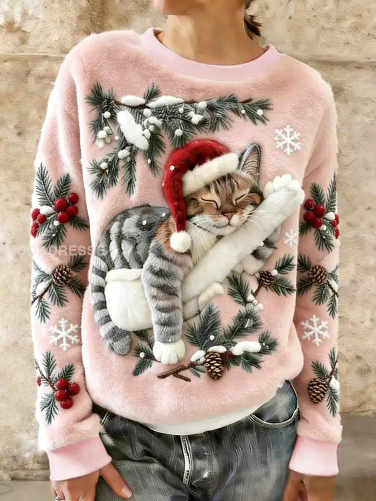 Kvinnors söta jul katt konst Skriv ut Casual Flannel Hoodie Flannel ljusrosa / S