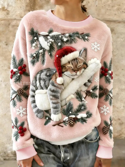 Kvinnors söta jul katt konst Skriv ut Casual Flannel Hoodie Flannel ljusrosa / S