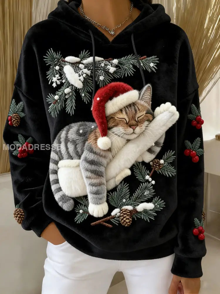 Kvinnors söta jul katt konst Skriv ut Casual Flannel Hoodie Flannel svart / S