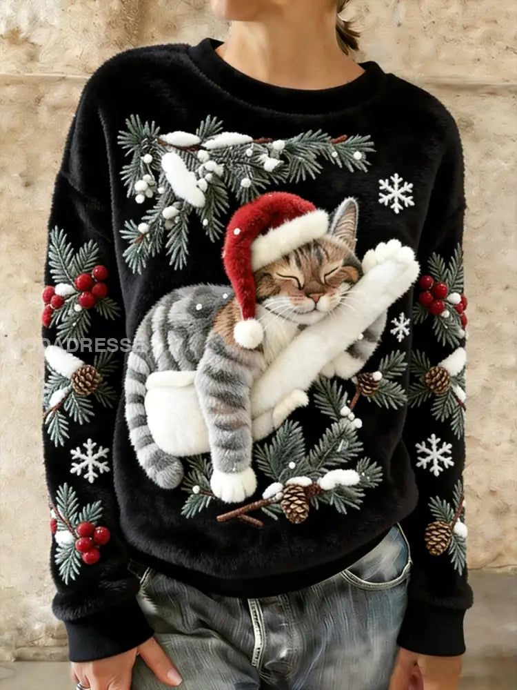 Kvinnors söta jul katt konst Skriv ut Casual Flannel Hoodie Flannel svart / S
