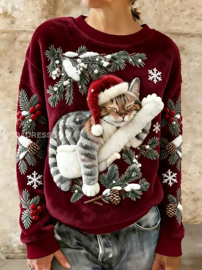 Kvinnors söta jul katt konst Skriv ut Casual Flannel Hoodie Flannel vinröd / S
