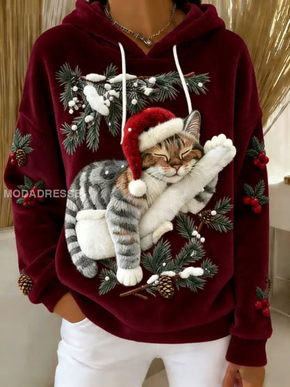 Kvinnors söta jul katt konst Skriv ut Casual Flannel Hoodie Flannel vinröd / S