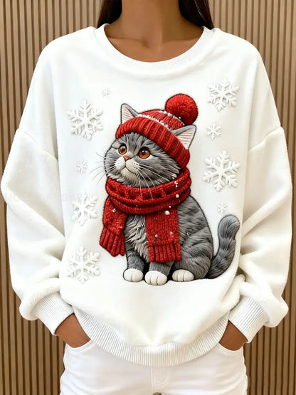 Kvinnors söta jul katt konst Skriv ut Casual Flannel Hoodie Flannel vit färg / S
