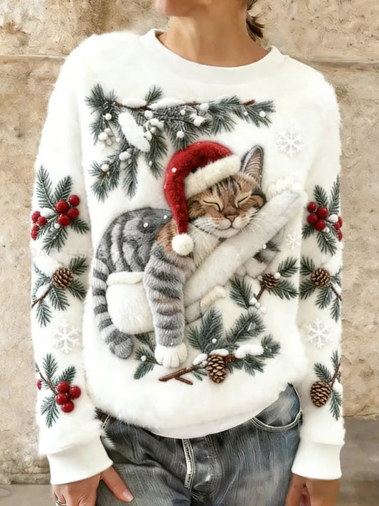 Kvinnors söta jul katt konst Skriv ut Casual Flannel Hoodie Flannel vit / S