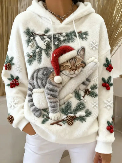 Kvinnors söta jul katt konst Skriv ut Casual Flannel Hoodie Flannel vit / S