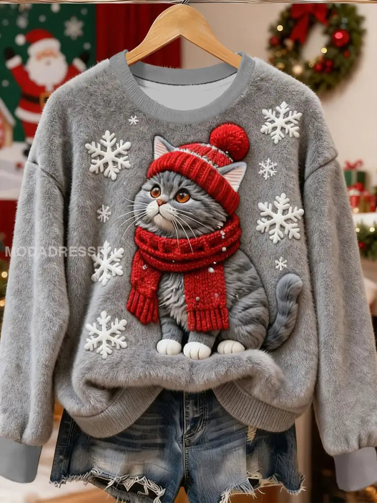 Kvinnors söta jul katt konst Skriv ut Casual Flannel Sweatshirt grå / S