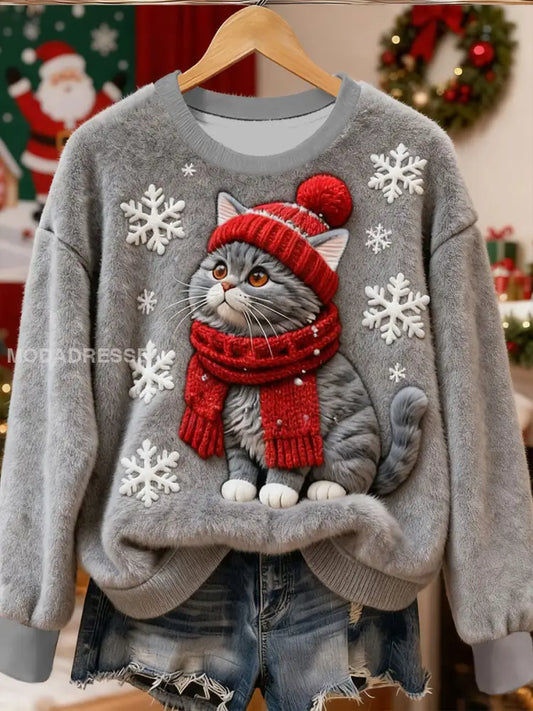 Kvinnors söta jul katt konst Skriv ut Casual Flannel Sweatshirt grå / S