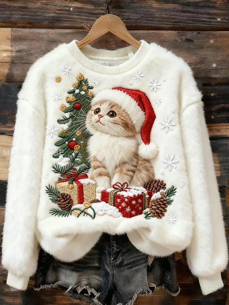 Kvinnors söta jul katt konst Skriv ut Casual Flannel Sweatshirt vitt / S